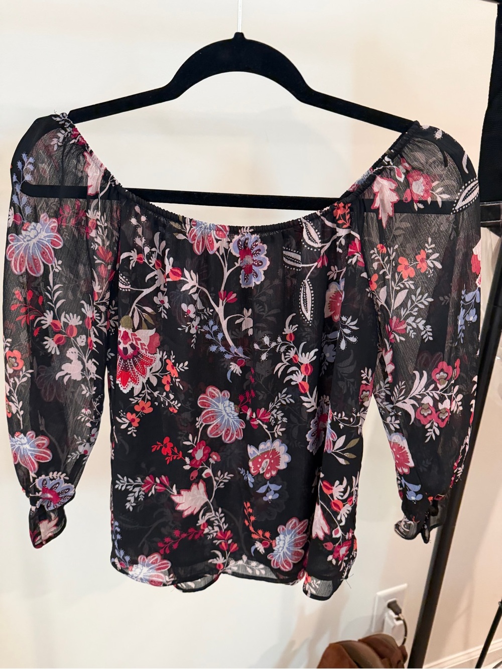 Express Black Sheer Off-Shoulder Blouse with Pink & Blue Floral Print